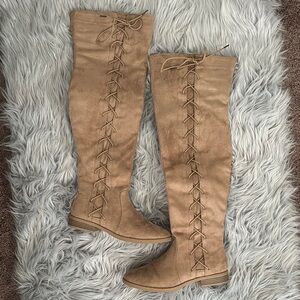 Stylish Tan Lace-Up Knee-High Boots